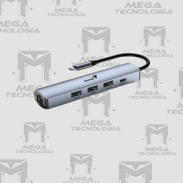 HUB USB-C GENIUS UH-545 GIGABIT ETHERNET 1-USB-C 3-USB-A PLATA