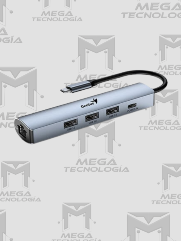HUB USB-C GENIUS UH-545 GIGABIT ETHERNET 1-USB-C 3-USB-A PLATA