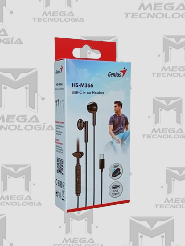 AUDIFONO CON MICROFONO GENIUS HS-M366 IN-EAR USB-C 14.2MM CLIP GIRATORIO NEGRO