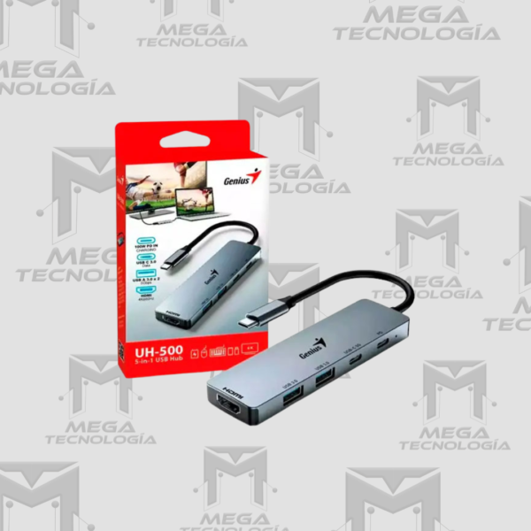 HUB USB-C GENIUS UH-500 2 USB-A 3.0 / 1 USB-C / 1 HDMI 4K POWER DELIVERY 100W PLATA