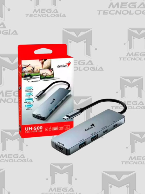 HUB USB-C GENIUS UH-500 2 USB-A 3.0 / 1 USB-C / 1 HDMI 4K POWER DELIVERY 100W PLATA