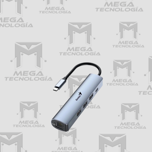 HUB USB-C GENIUS UH-545 GIGABIT ETHERNET 1-USB-C 3-USB-A PLATA